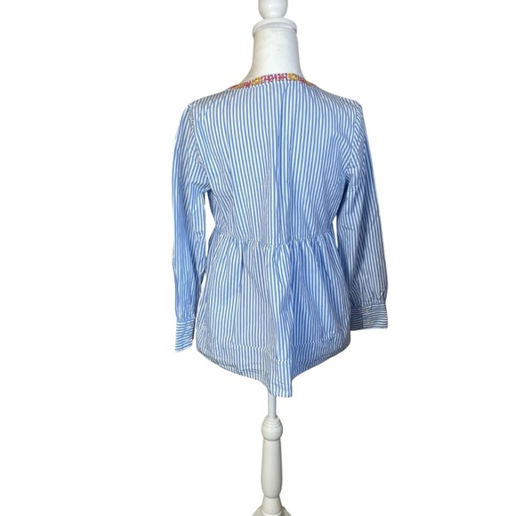 Crown & Ivy Blue White Stripe Embroidered Peplum Top Petite Medium Boho Peasant - Picture 4 of 11